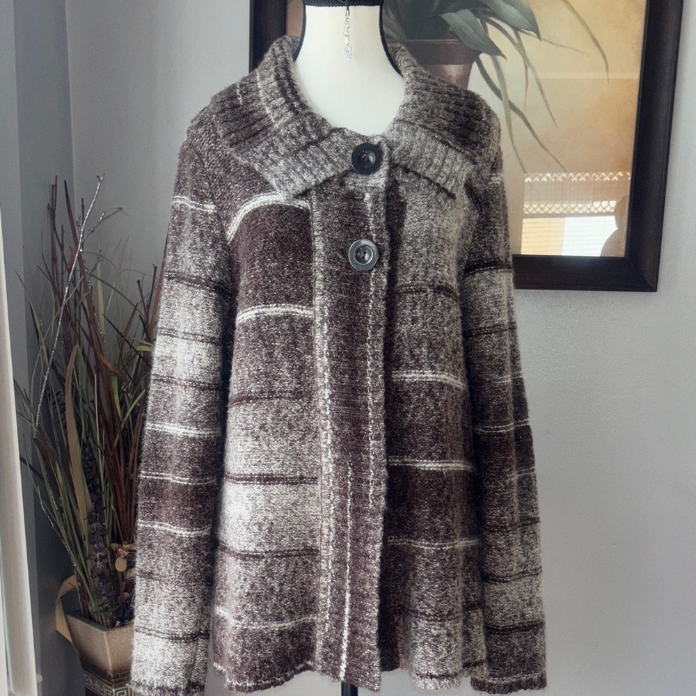 Studio Works Brown Striped Wool Blend Button Front Cardigan Sweater XL